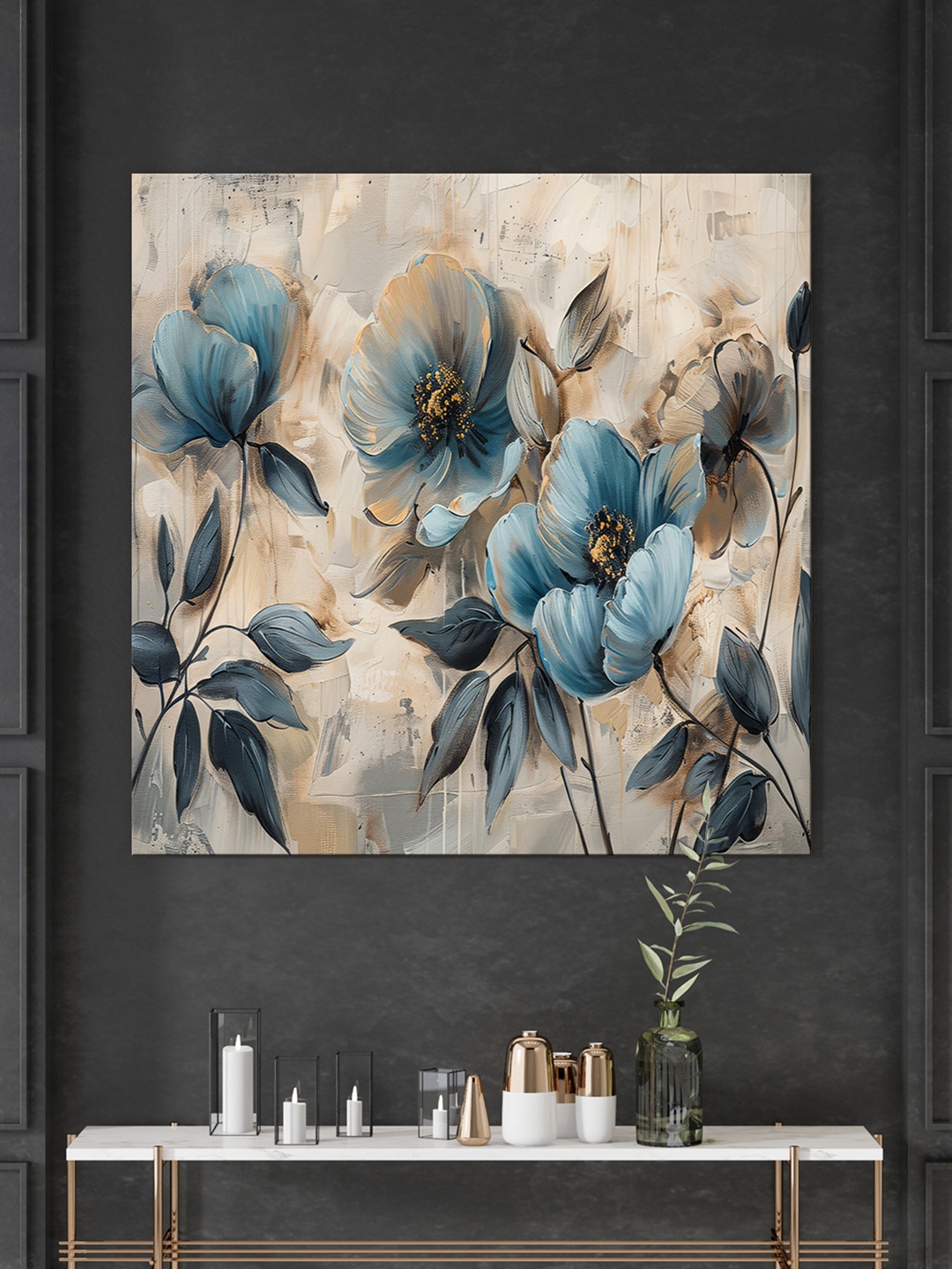 999Store Beige & Blue Floral Printed Canvas Wall Painting
