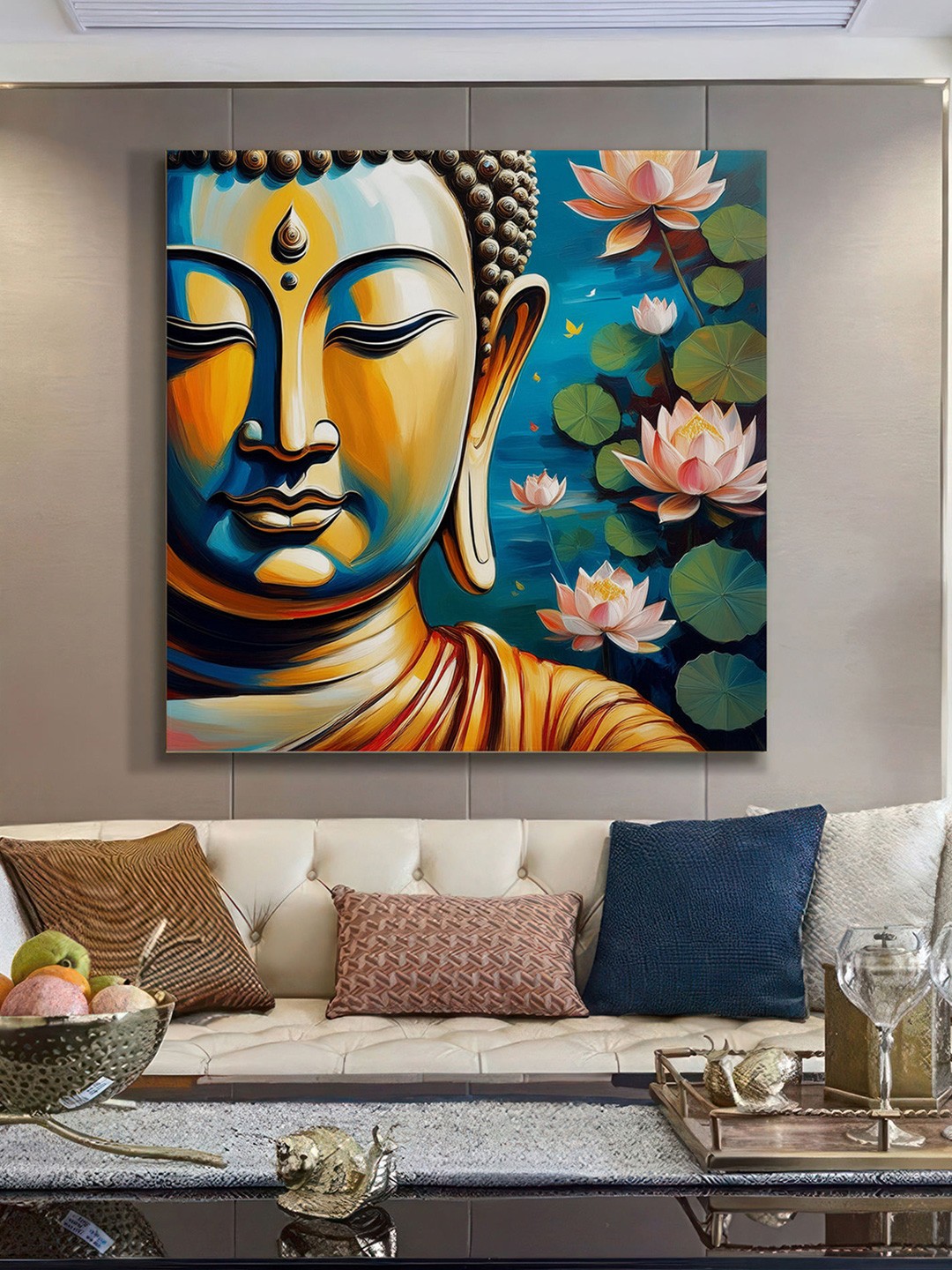 

999Store Blue & Yellow Buddha with Lotus Flowers Canvas Wall Paintings