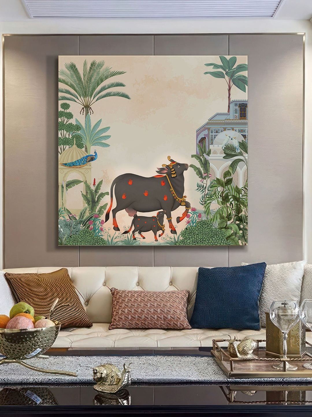 

999Store Off White & Black Cow and Calf Canvas Wall Paintings