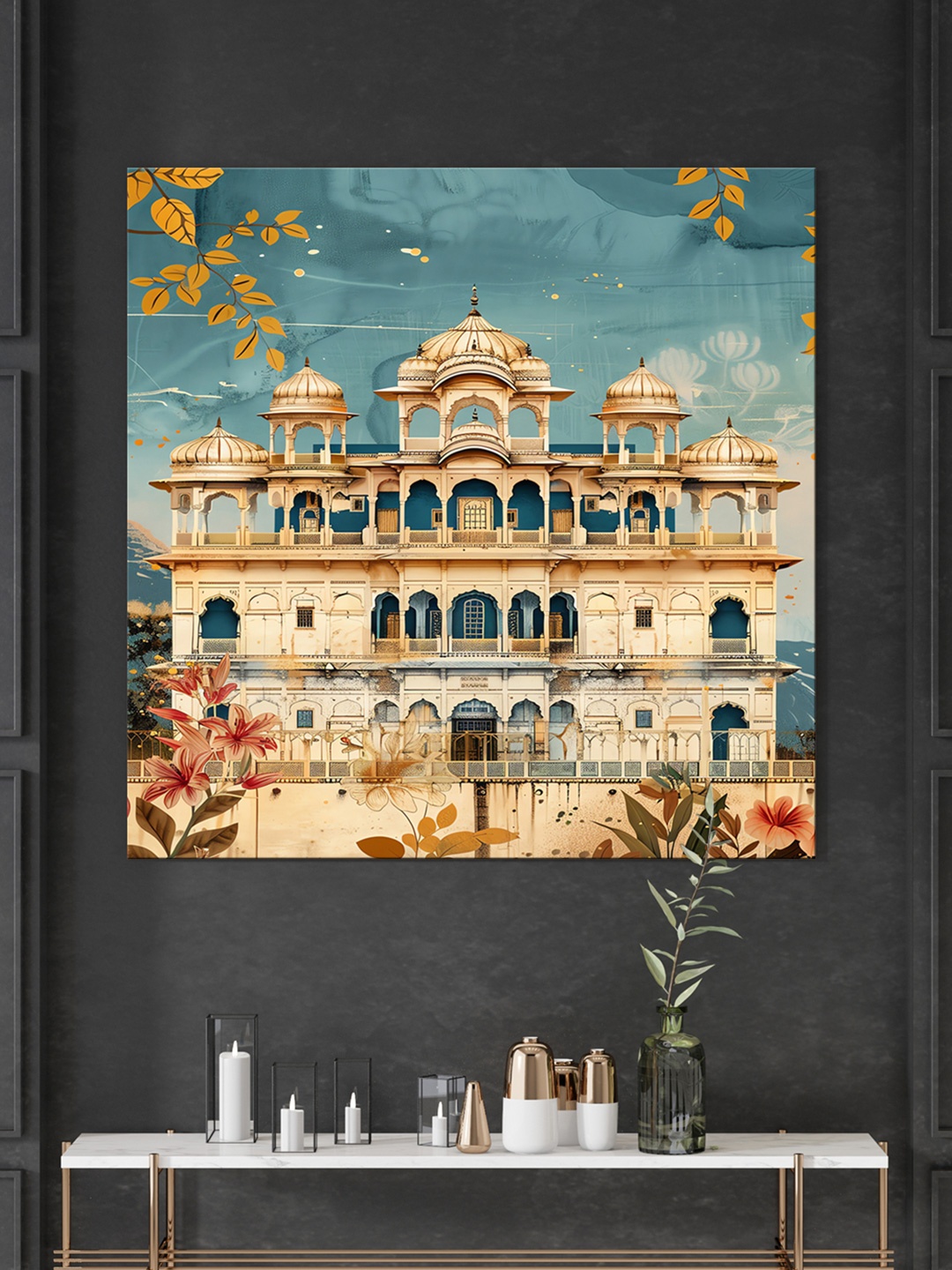 

999Store Beige & Blue Traditional Indian Haveli Canvas Wall Paintings