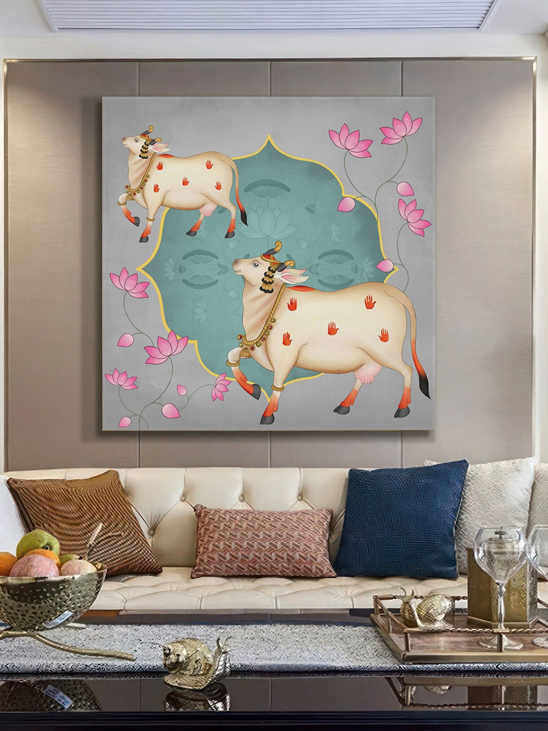 

999Store Off White & Teal Canvas Birds and Animals Wall Paintings Wall Art