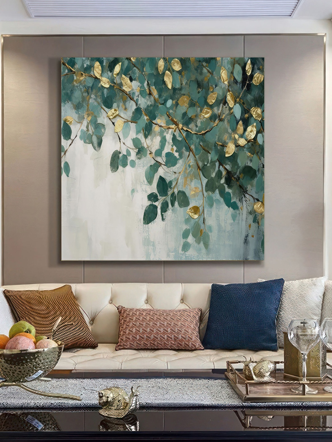 

999Store Green & White Elegant Leaf Art Canvas Wall Paintings