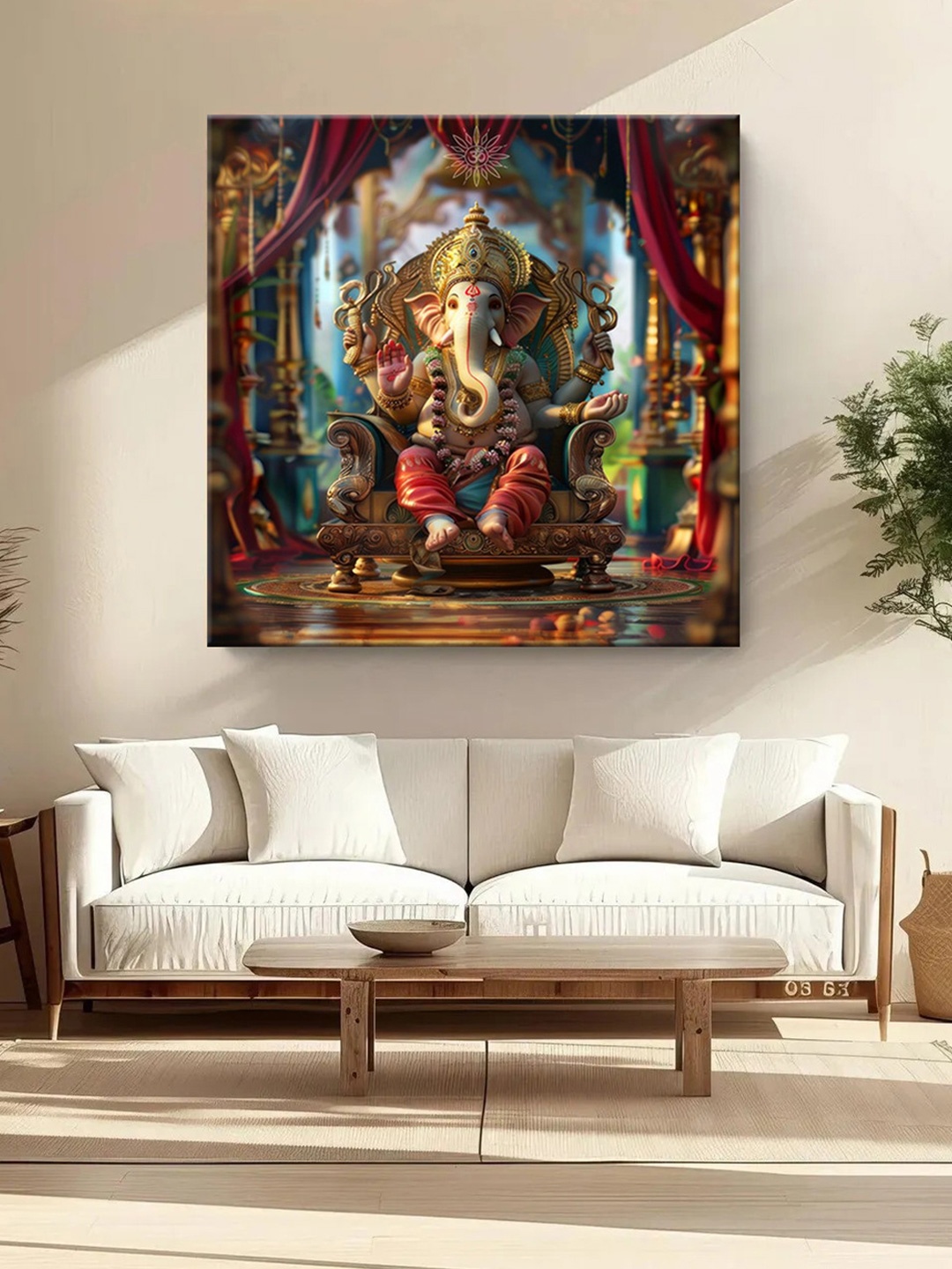 

999Store Gold-Toned & Red Lord Ganesha Canvas Religious Wall Paintings