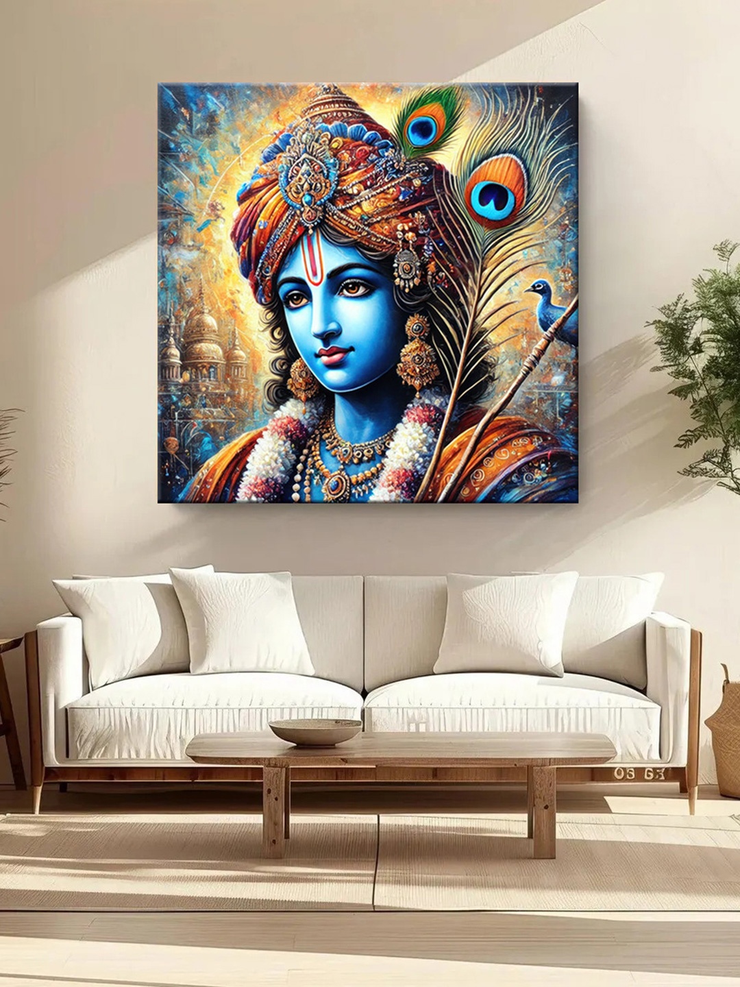 

999Store Blue & Orange Lord Krishna Canvas Religious Wall Painting