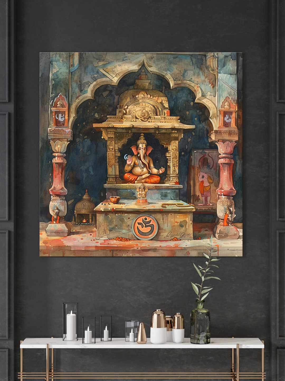 

999Store Orange & Blue Ganesh Temple Canvas Religious Wall Painting