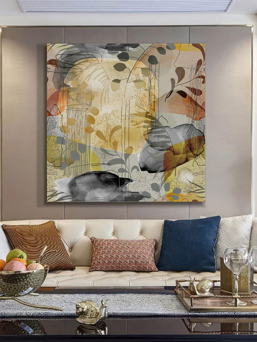 

999Store Yellow & Grey Canvas Abstract Wall Paintings