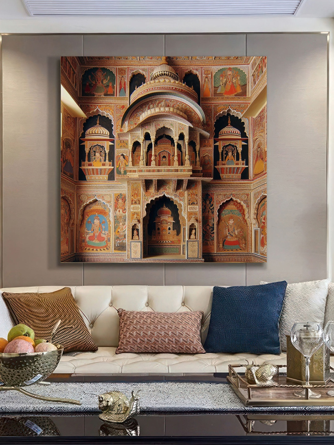 

999Store Beige & Orange-Coloured Traditional Indian Architectural Canvas Wall Paintings