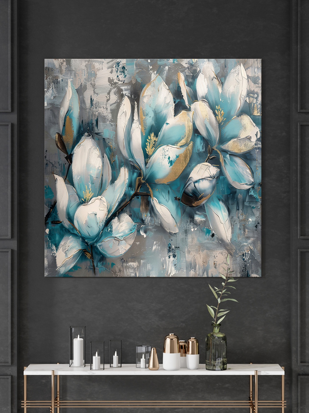 

999Store Grey & Blue Canvas Floral and Botanical Wall Painting