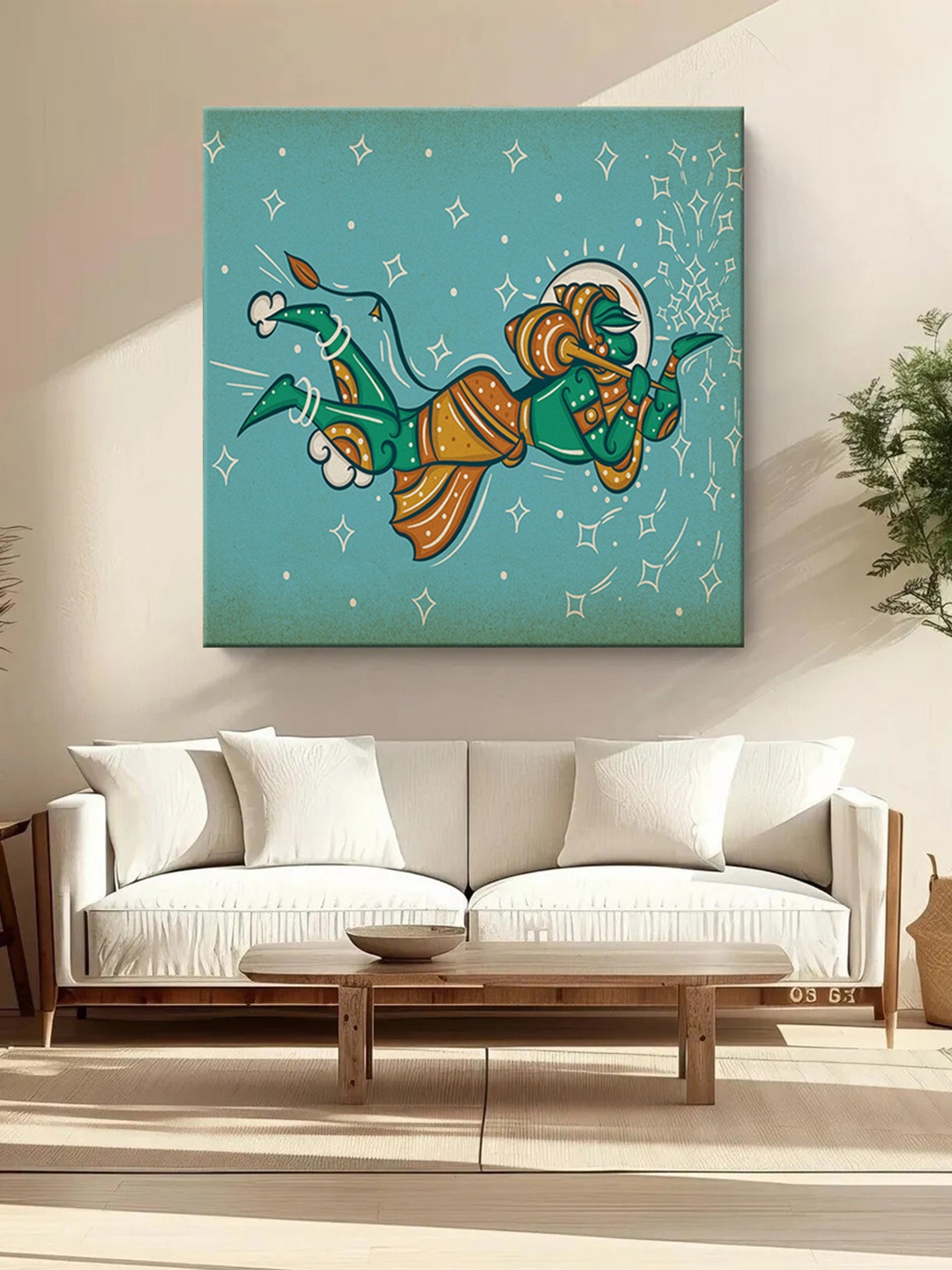 

999Store Green & Orange Coloured Lord Hanuman Canvas Religious Wall Paintings