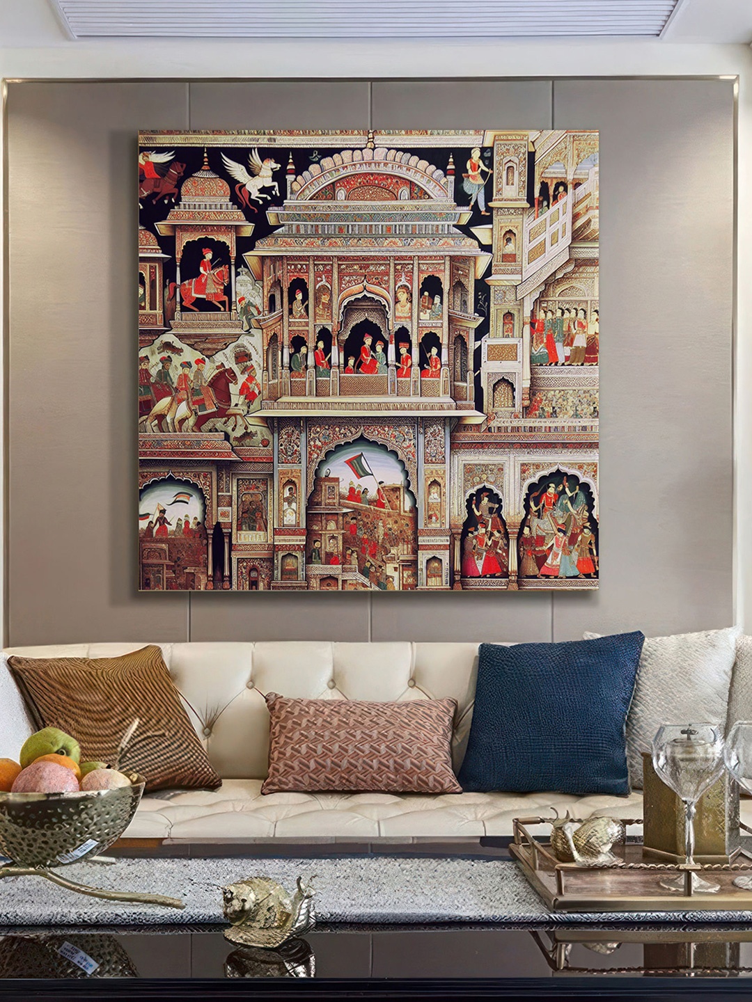 

999Store Beige & Red Traditional Indian Palace Canvas Wall Paintings