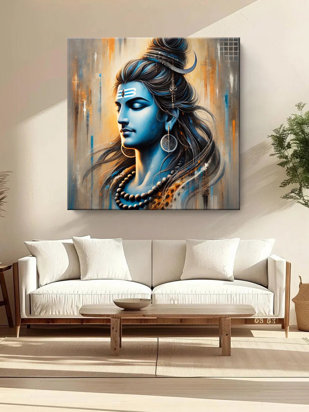 999Store Blue & Black Canvas Peaceful Shiva Portrait Religious Wall Painting