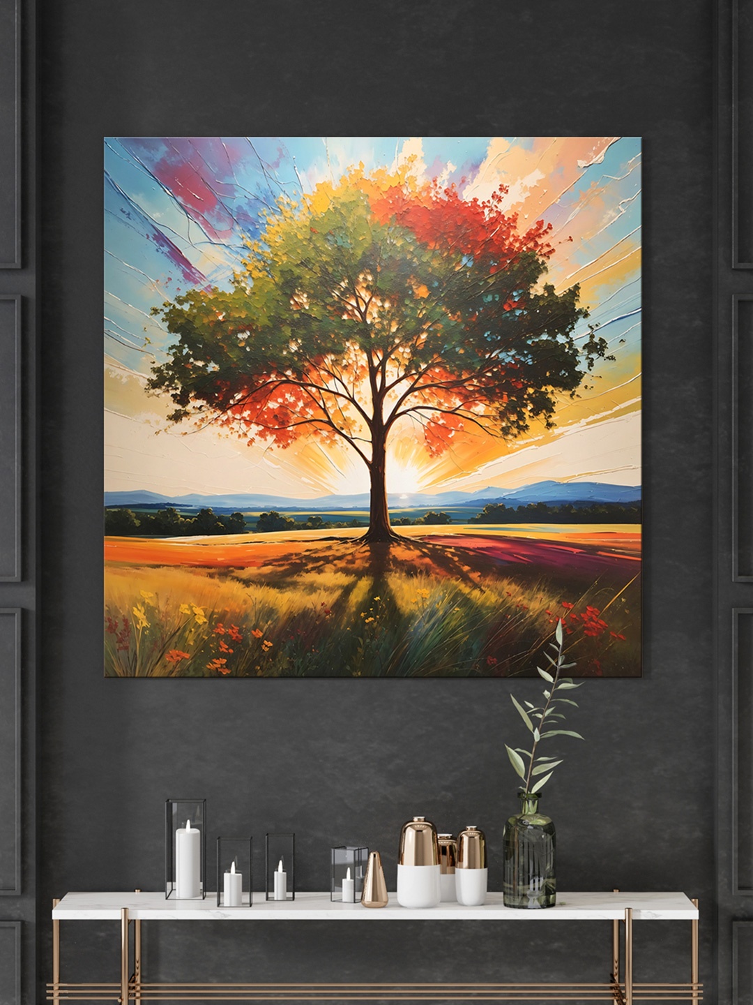 

999Store Blue & Green Canvas Floral and Botanical Wall Painting