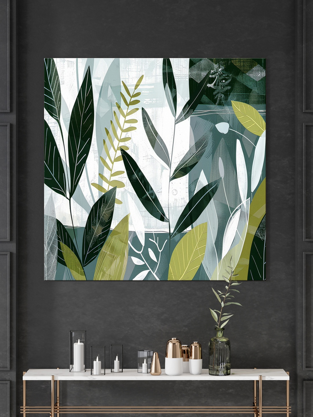 

999Store White & Green Canvas Abstract Printed Wall Painting