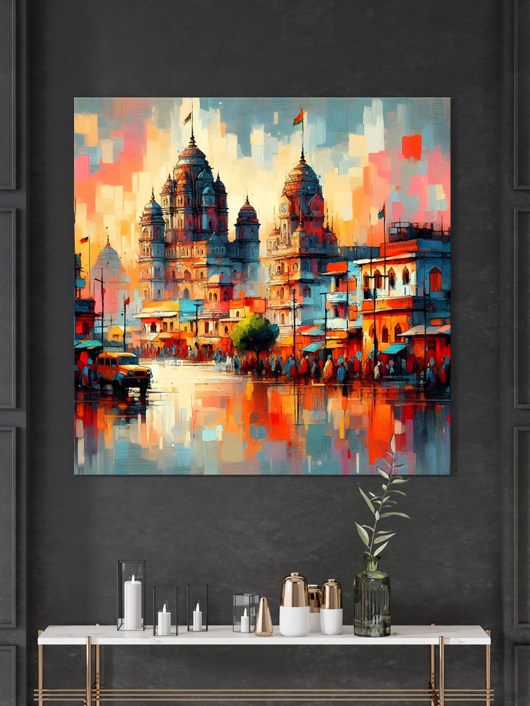 

999Store White & Orange-Coloured Majestic Temple Reflected In Water Canvas Wall Paintings