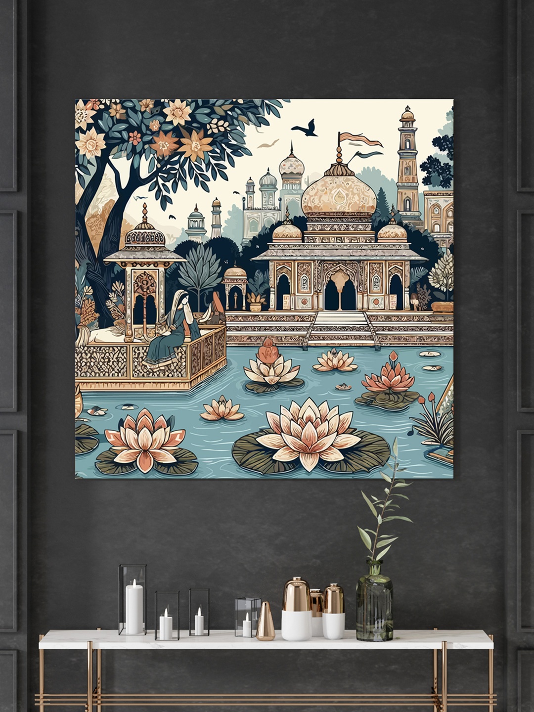 

999Store White & Blue Indian Palace with Lotus Pond Canvas Wall Paintings
