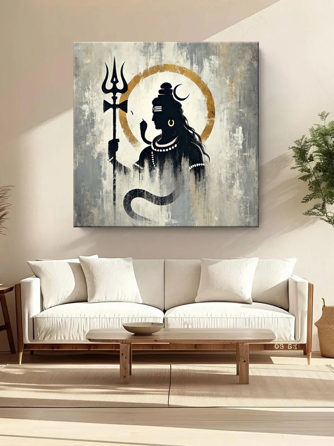 999Store Grey & White Lord Shiva with Trishul Canvas Religious Wall Painting