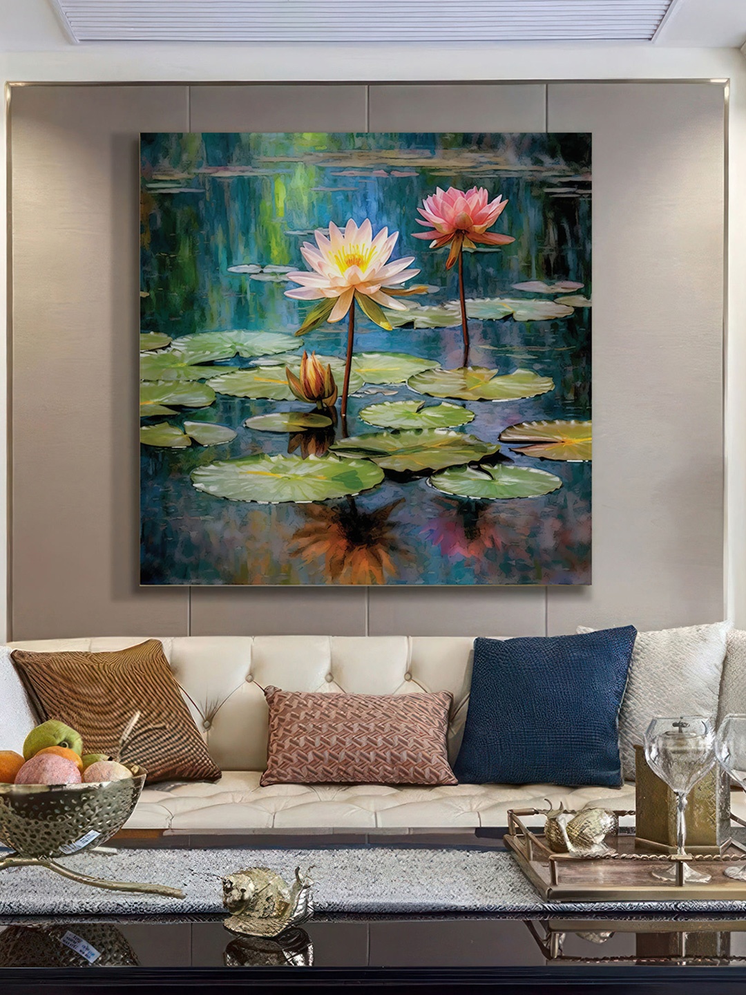 

999Store Green & Pink Canvas Tranquil Water Lily Art Print Vibrant Pond Wall Painting