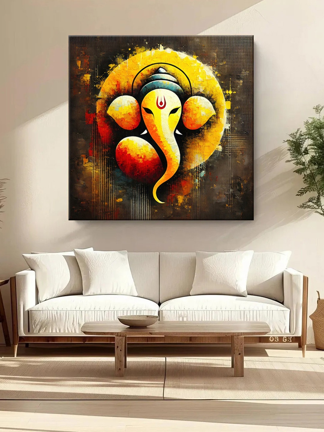 

999Store Yellow & Brown Lord Ganesha Canvas Religious Wall Paintings