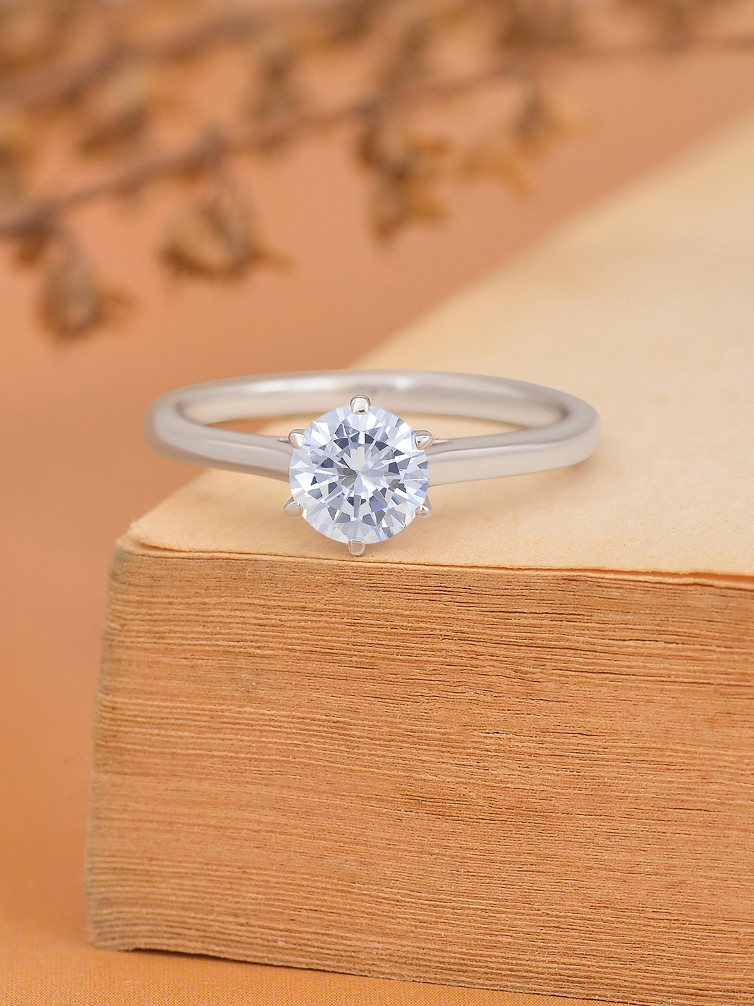 

Ornate Jewels 925 Sterling Silver Rhodium-Plated AD & Solitaire Studded Finger Ring
