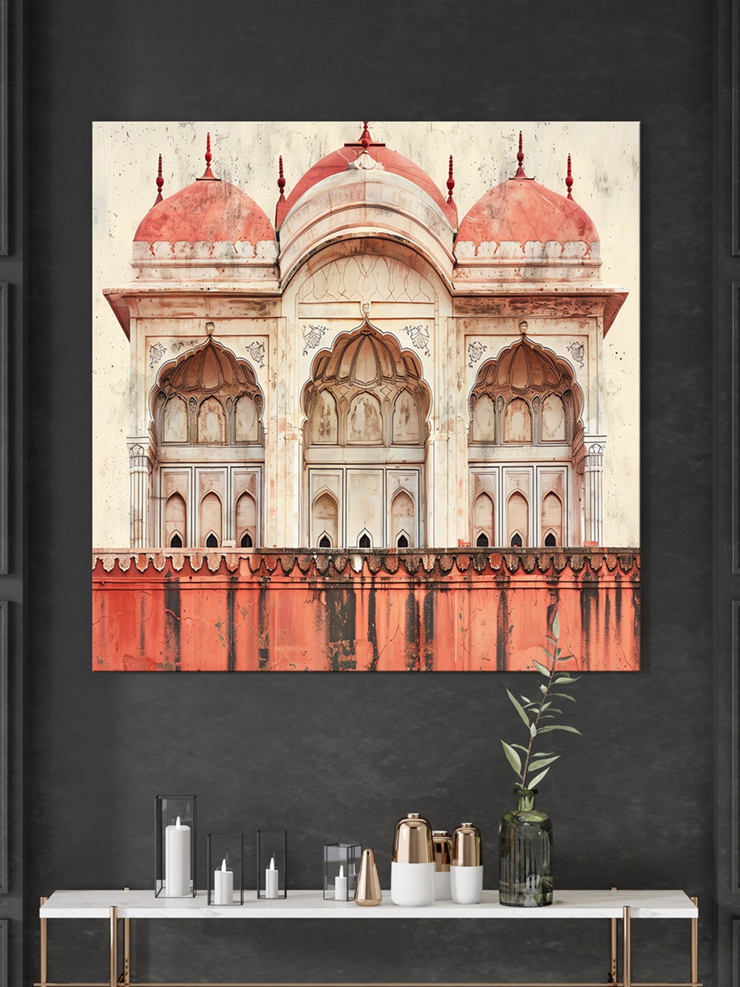 999Store Cream-Coloured & Red Canvas Red Fort Facade Wall Painting