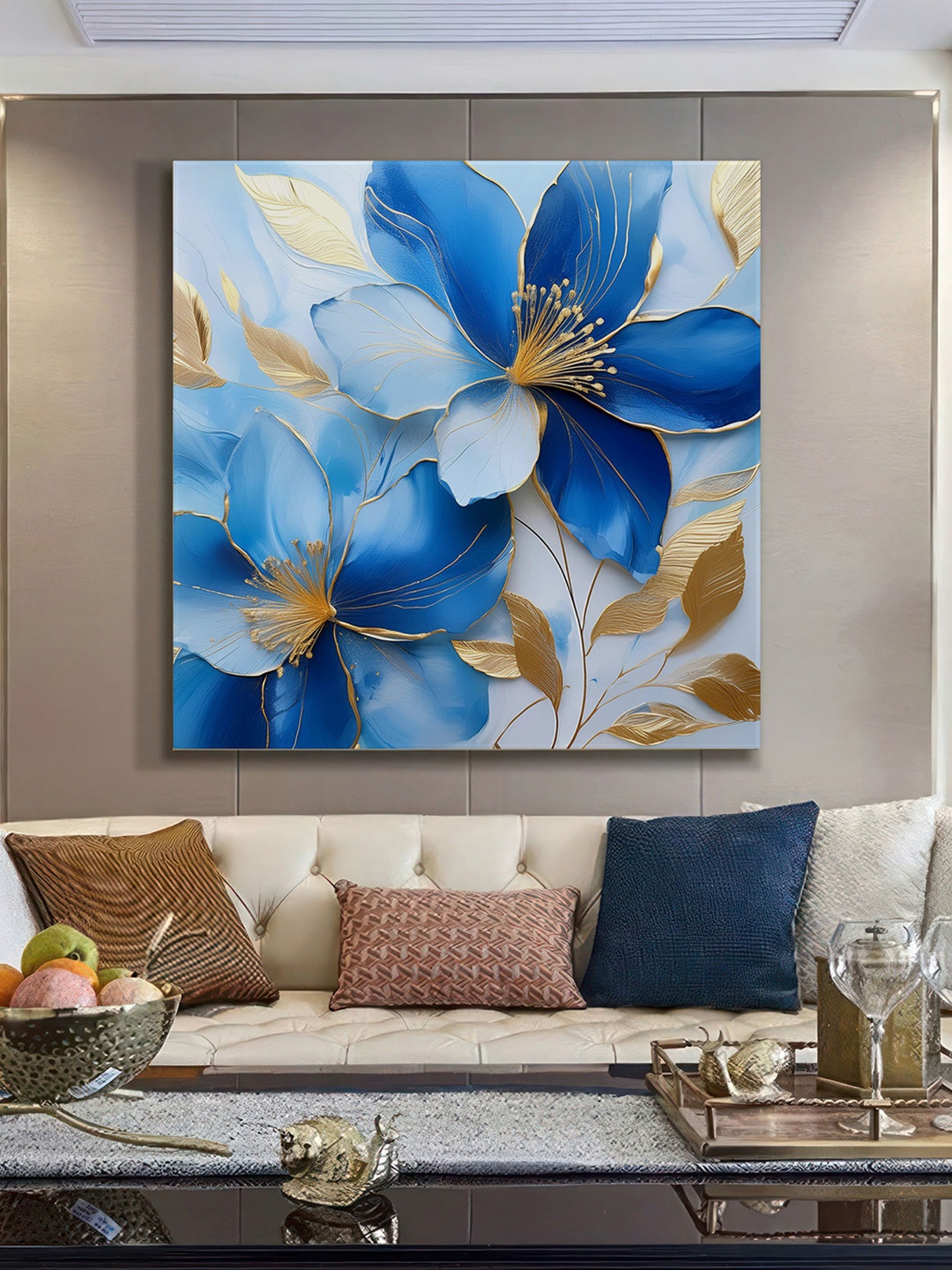 

999Store Blue & Brown Floral and Botanical Canvas Wall Paintings Wall Art