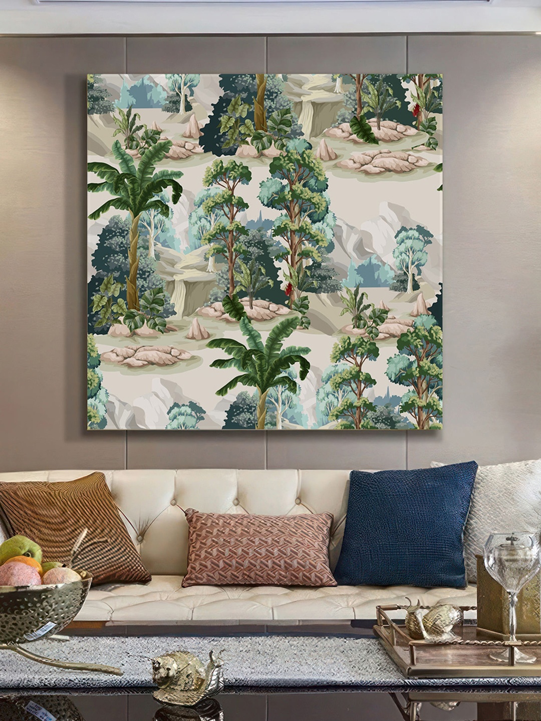 

999Store Off White & Green Canvas Floral and Botanical Wall Painting