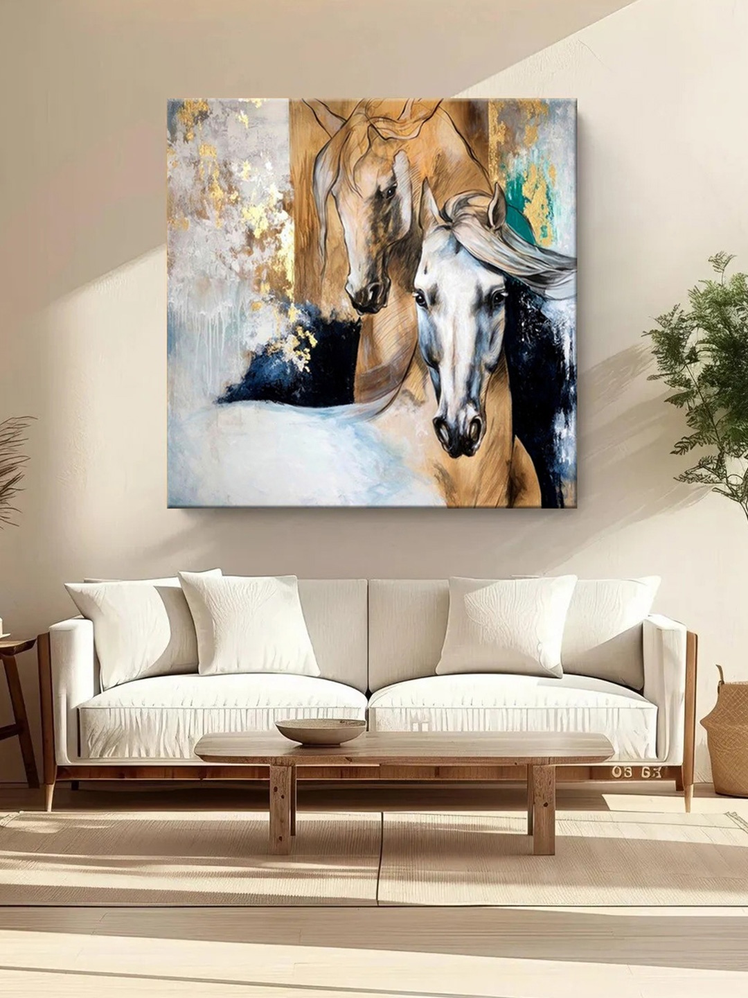 

999Store White & Brown Horses Canvas Wall Paintings