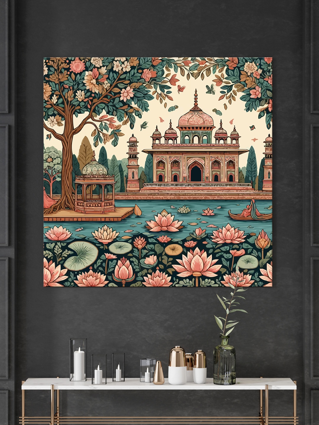 

999Store Pink and Green Canvas Floral and Botanical Wall Painting