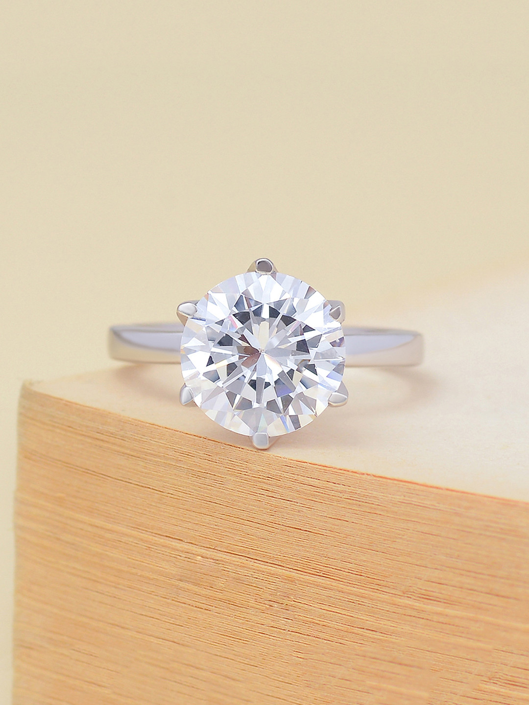 

Ornate Jewels 925 Sterling Silver Rhodium-Plated AD & Solitaire Studded Finger Ring