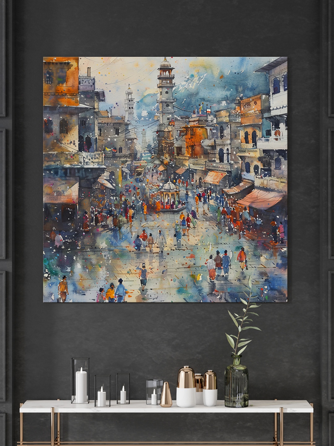 

999Store Blue & Orange Coloured Canvas Bustling Bazaar Wall Paintings Wall Art