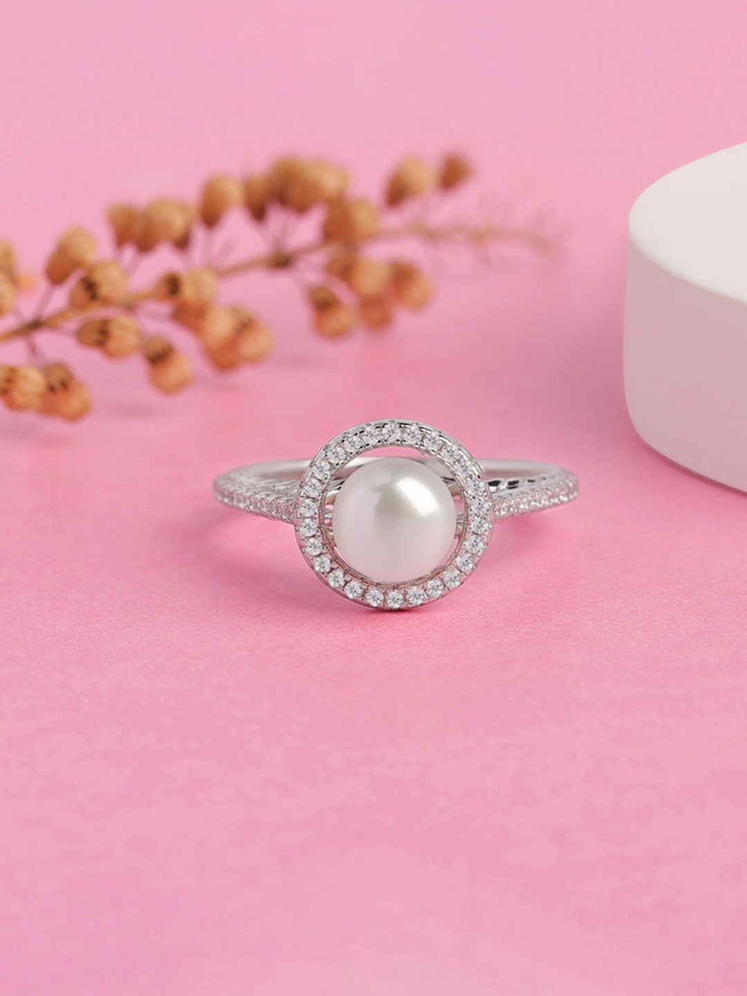 

Ornate Jewels 925 Sterling Silver Rhodium Plated Freshwater Pearl and AD Studded Halo Ring