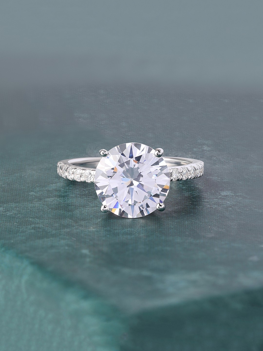 

Ornate Jewels 925 Sterling Silver Rhodium-Plated AD & Solitaire Studded Finger Ring
