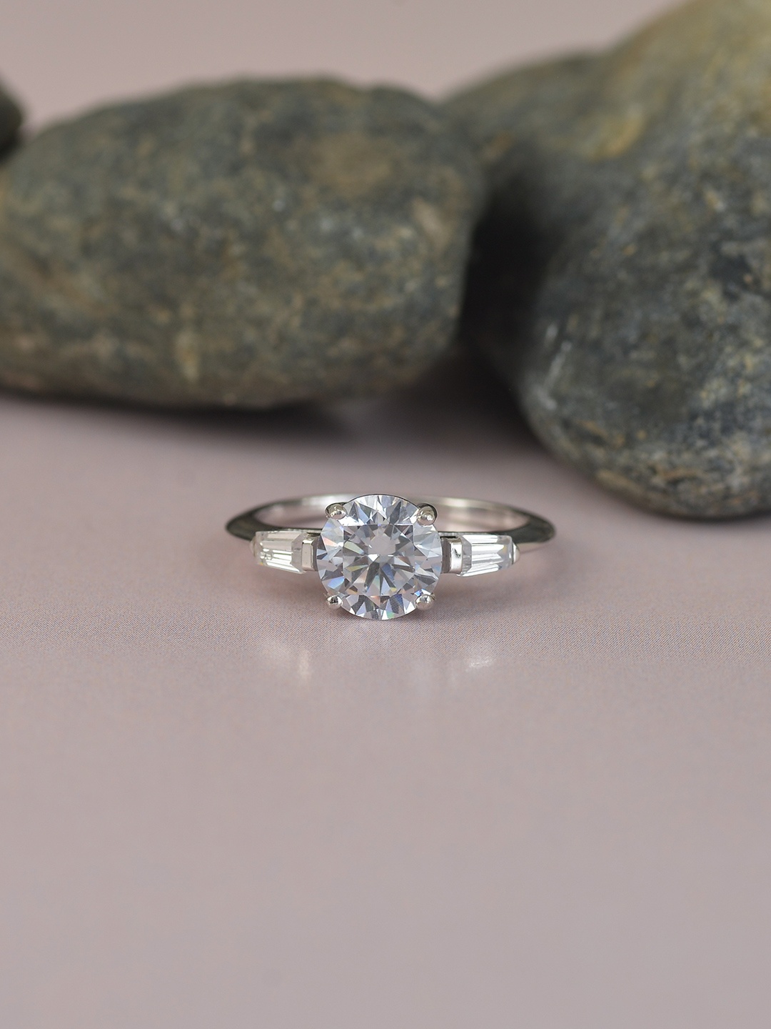 

Ornate Jewels 925 Sterling Silver Rhodium-Plated AD & Solitaire Studded Finger Ring