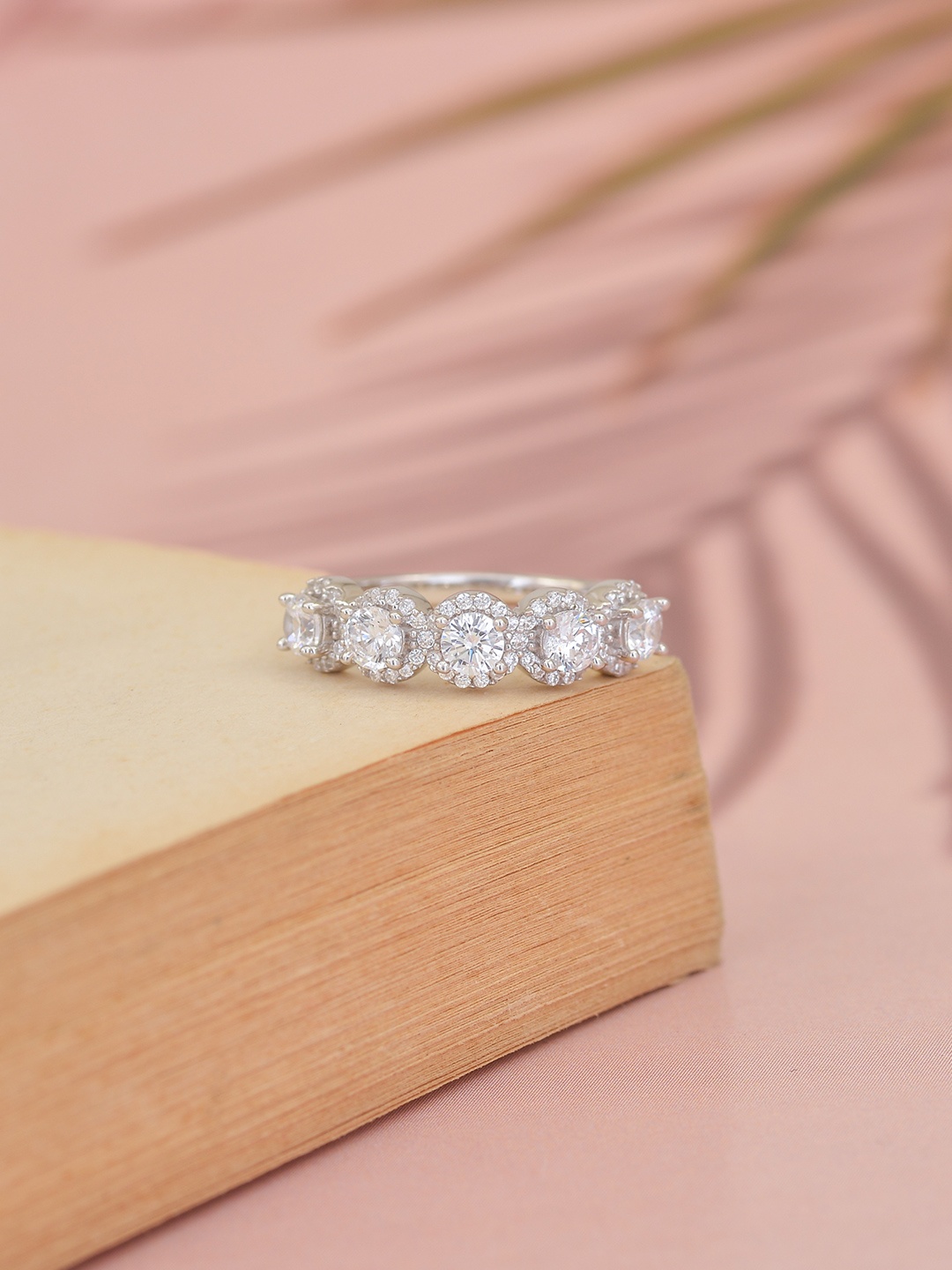 

Ornate Jewels 925 Sterling Silver Rhodium-Plated American Diamond Studded Finger Ring