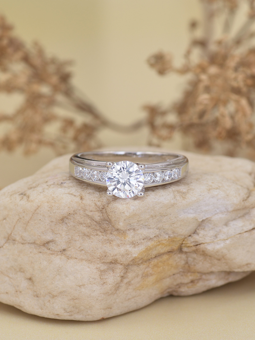 

Ornate Jewels 925 Sterling Silver Rhodium-Plated AD & Solitaire Studded Finger Ring