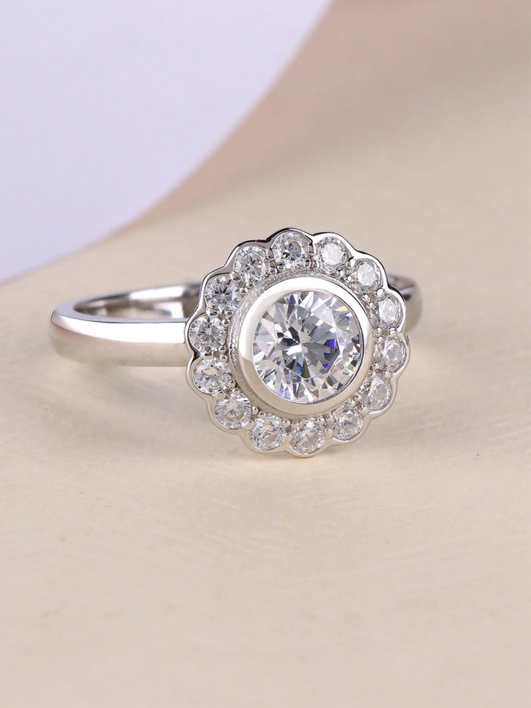 

Ornate Jewels 925 Sterling Silver Rhodium-Plated American Diamond Studded Finger Ring