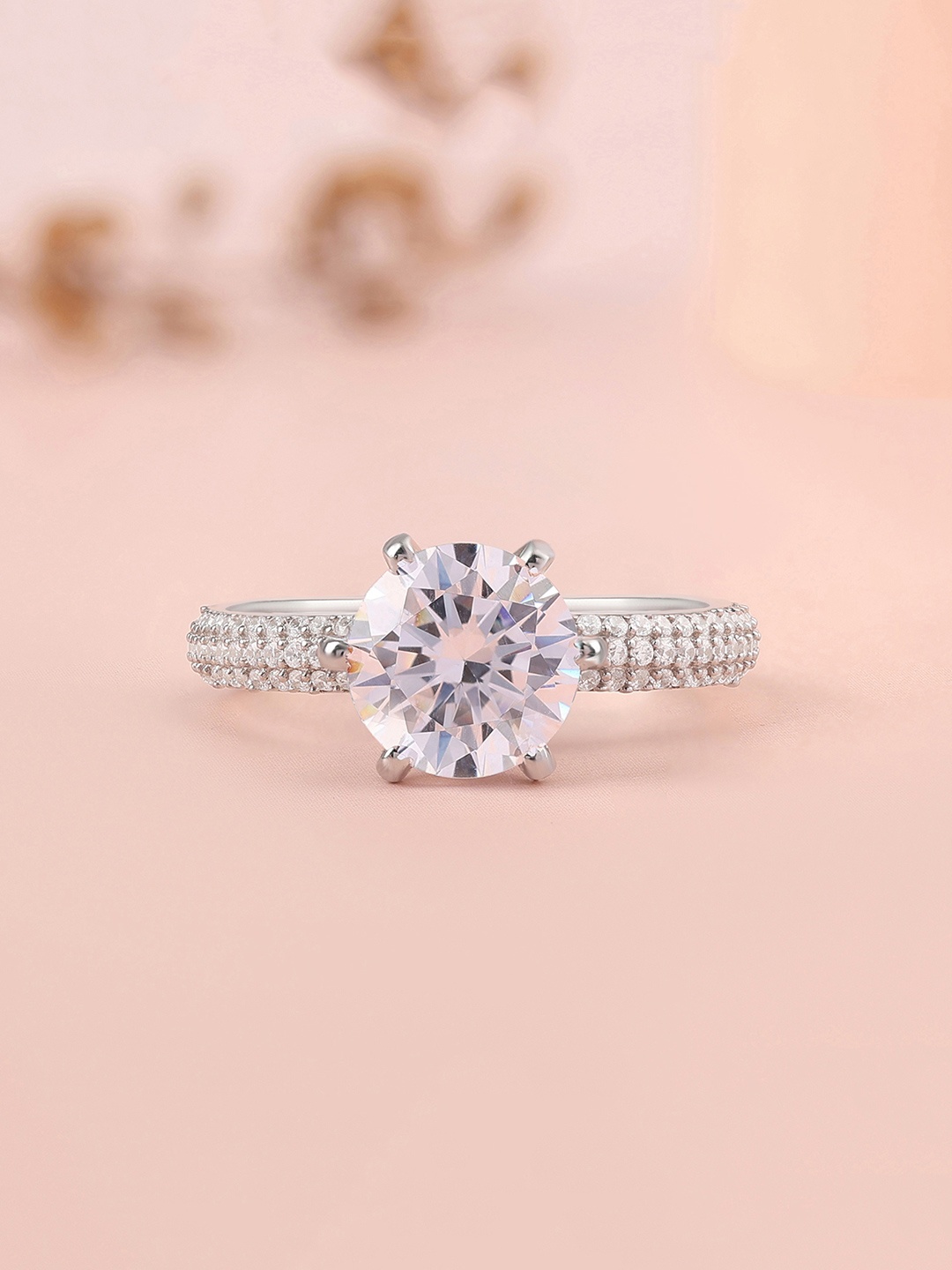 

Ornate Jewels 925 Sterling Silver Rhodium-Plated AD & Solitaire Studded Finger Ring
