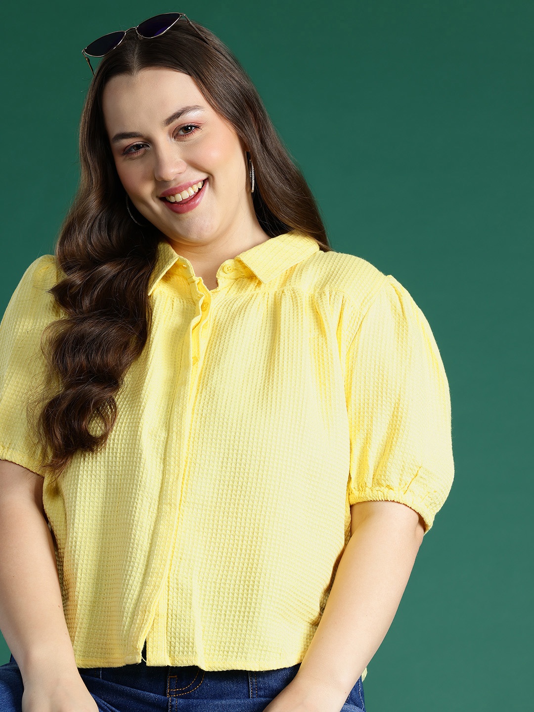 

DressBerry Curve Plus-Size Pure Cotton Textured Shirt, Yellow
