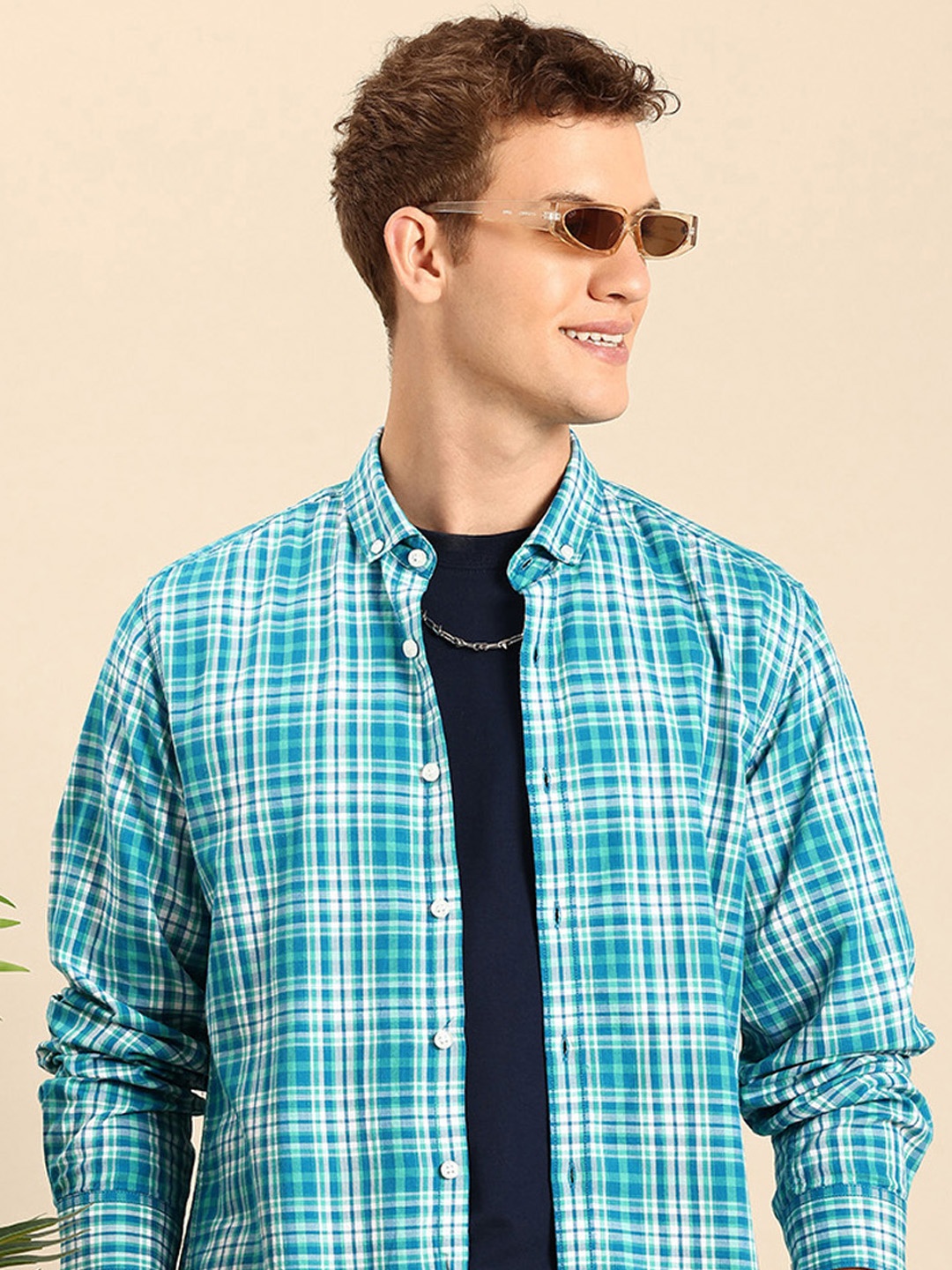 

Mast & Harbour Checked Button-Down Collar Pure Cotton Casual Shirt, Blue