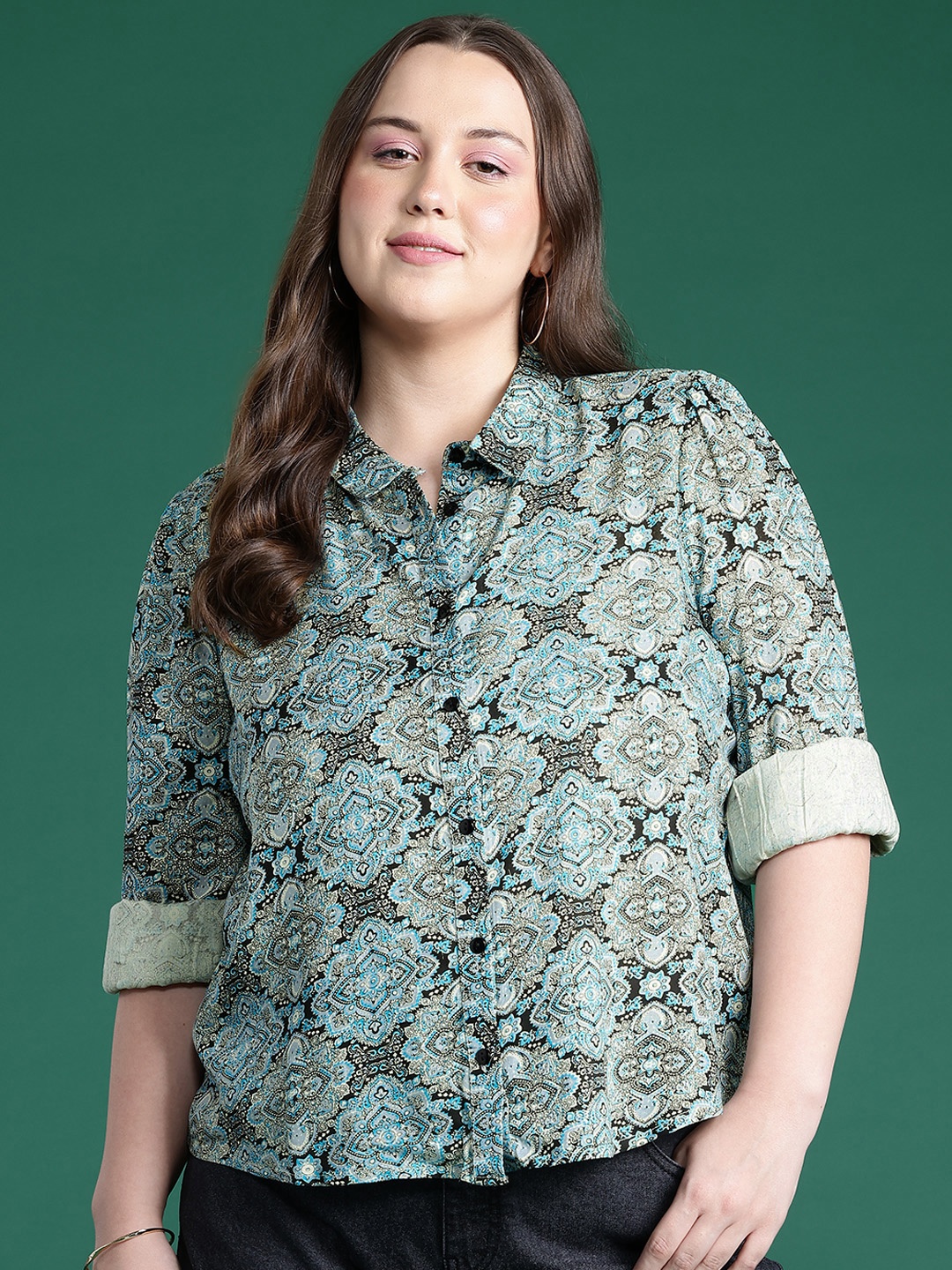 

DressBerry Curve Printed Casual Shirt, Green