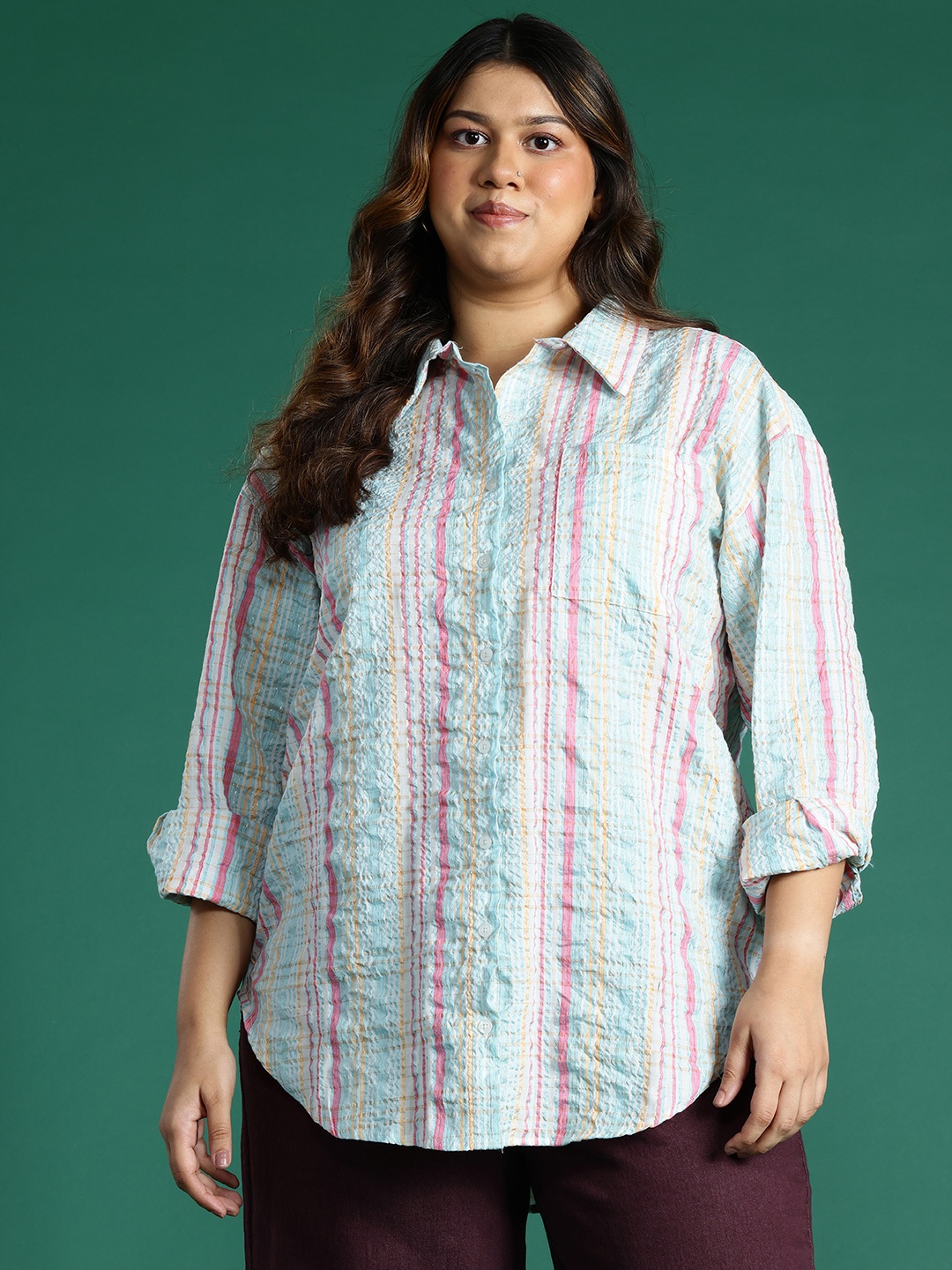 

DressBerry Curve Plus Size Seersucker Striped Casual Shirt, Blue