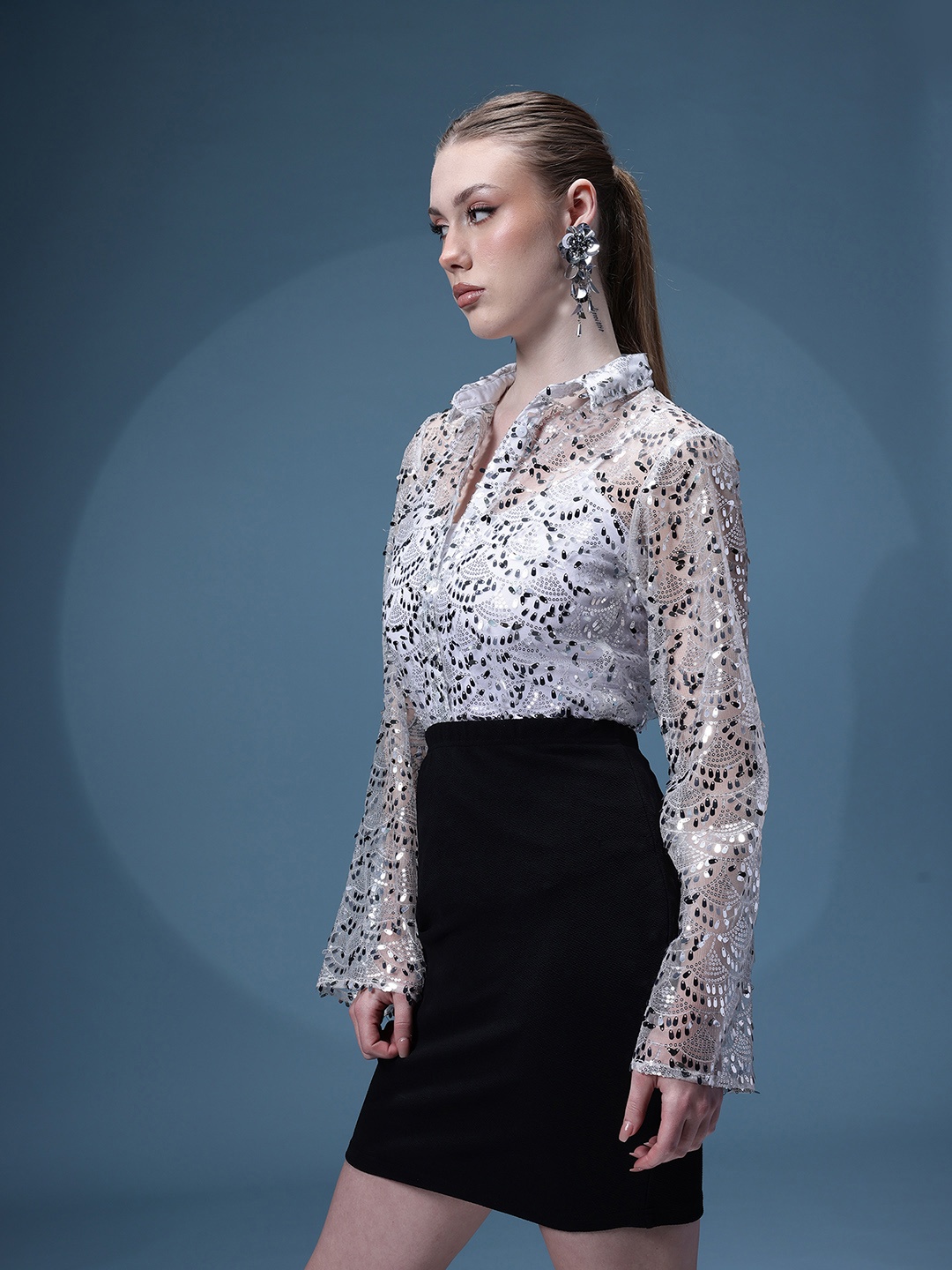 

bebe Future Glam Sequin Embellished Sheer Party Shirt, Silver
