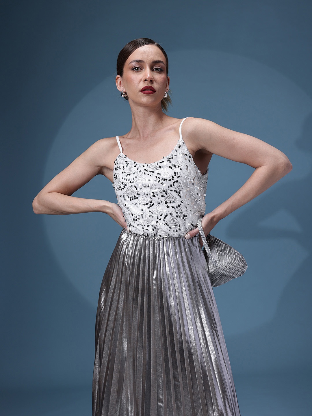 

bebe Future Glam Sequinned Embellished Shoulder Straps Net Party Top, White