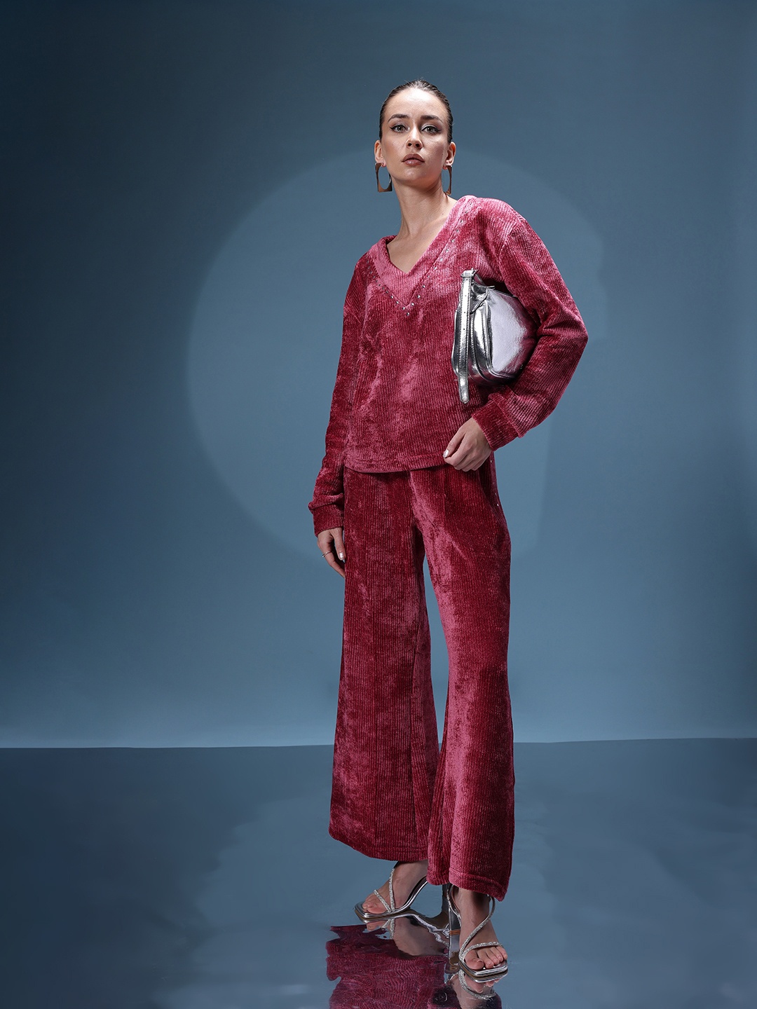 

bebe Brighter Basics Ribbed Knits Studded Detail Velvet Sweater with Wide Leg Trousers, Pink