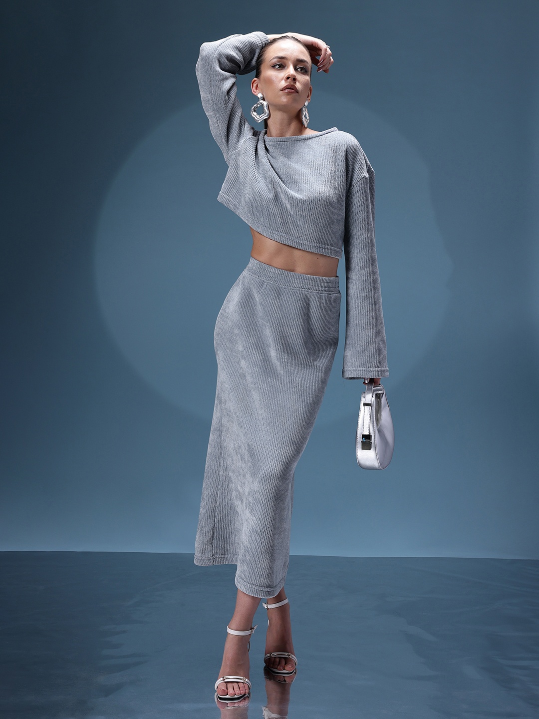 

bebe Ribbed Crop Top With Skirt, Grey