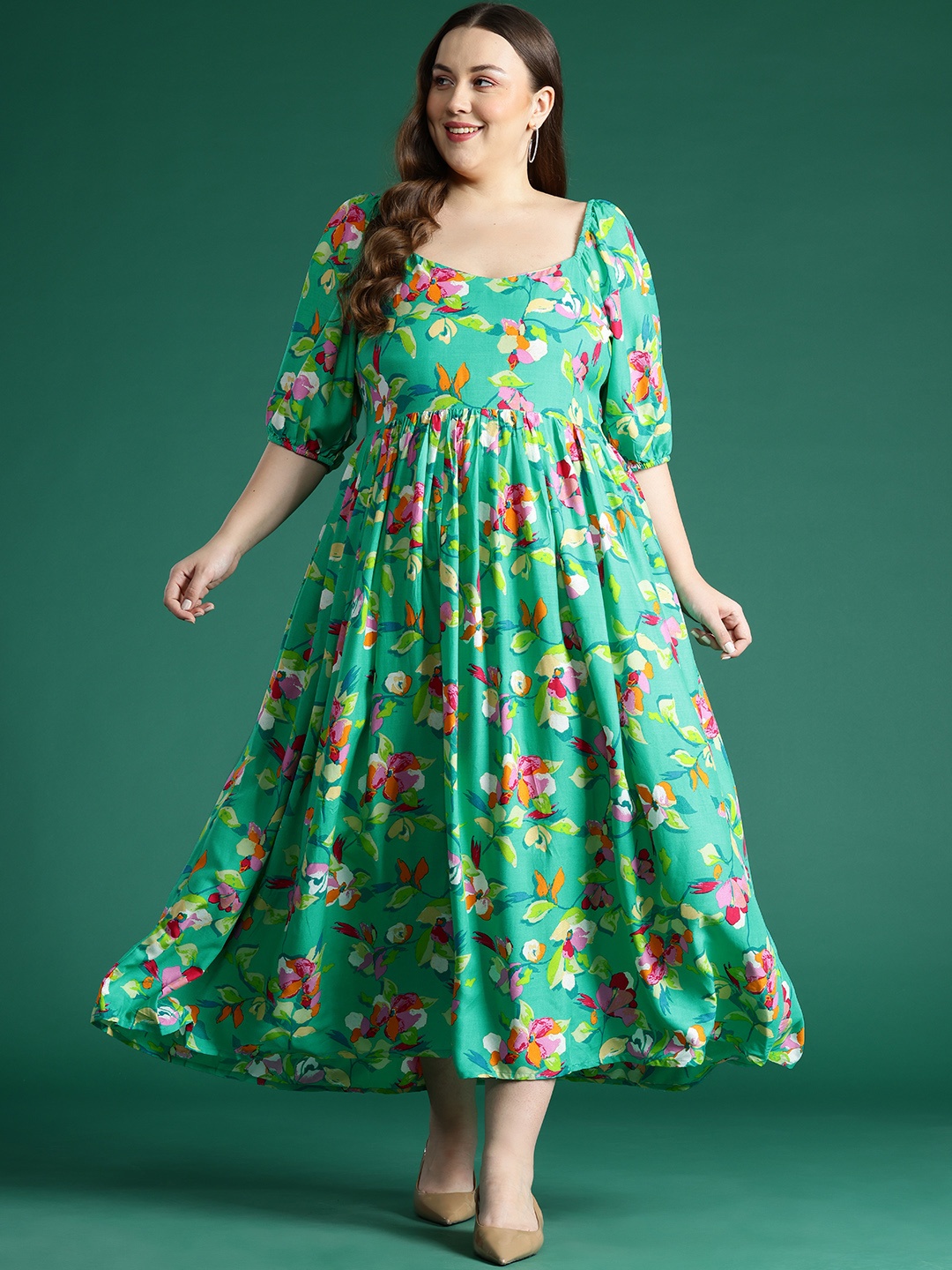 

DressBerry Curve Plus Size Floral Fit & Flare Dress, Green