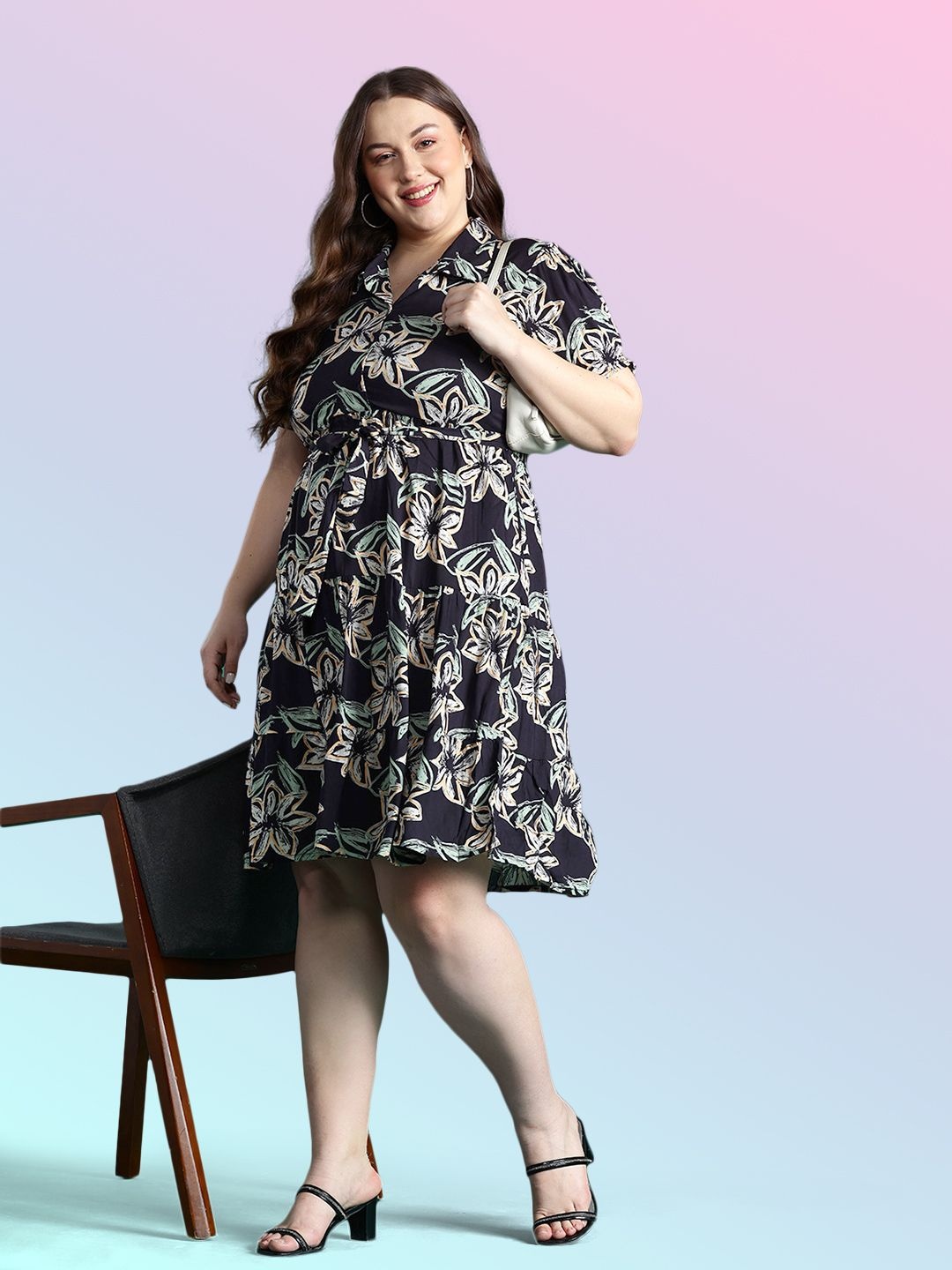 DressBerry Curve Plus Size Printed Floral Shirt-Style Dress, Black