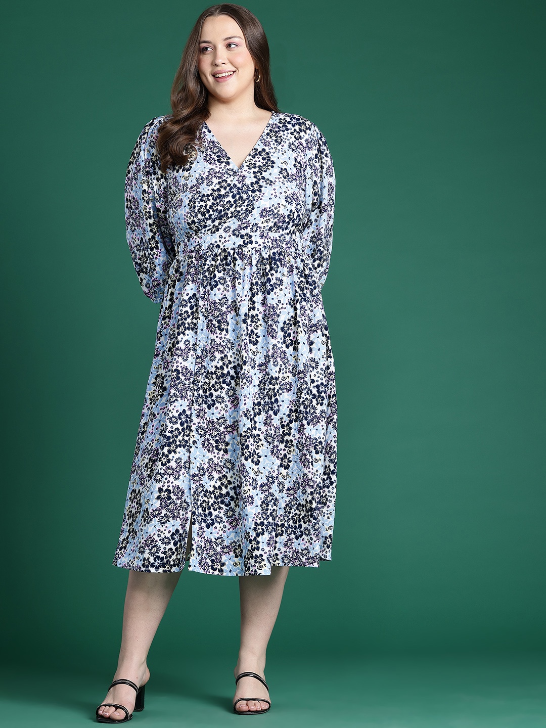 

DressBerry Curve Floral Print Puff Sleeve Midi Dress, Blue