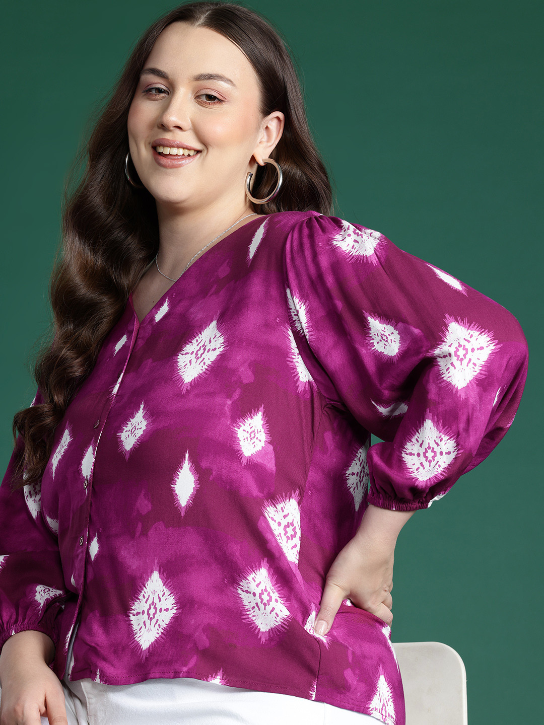 

DressBerry Curve Plus Sized Printed Shirt Style Top, Purple