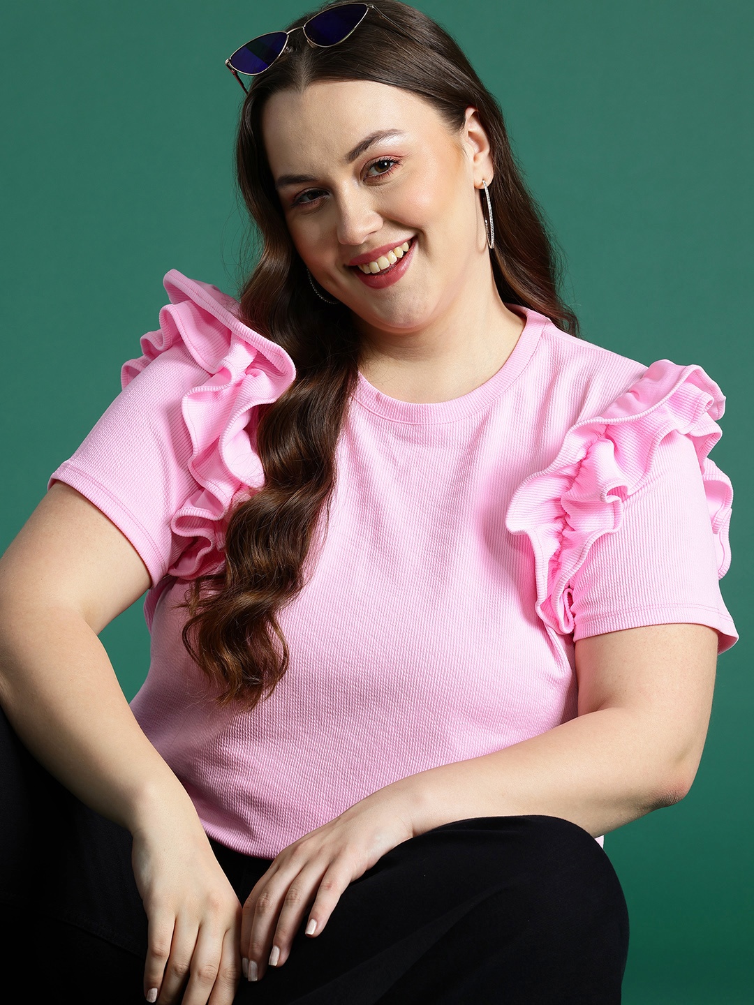 

DressBerry Curve Plus-Size Ruffles Ribbed Top, Pink